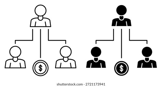 Dos iconos que representan una estructura jerárquica con una figura central en la parte superior, conectada a dos figuras subordinadas y una moneda de dólar debajo.