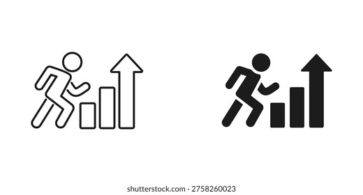 Two icons depicting running figures with ascending arrows and bar graphs, symbolizing progress and growth in business and finance.