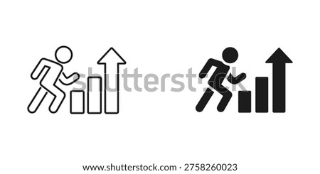 Two icons depicting running figures with ascending arrows and bar graphs, symbolizing progress and growth in business and finance.
