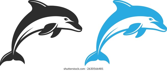 Two icons of a dolphin jumping, two icons in black and blue.