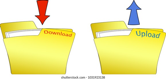 Two icons for downloading and uploading operations, with a folder receiving and sending documents. A red arrow shows the incoming direction to the folder and a blue arrow shows the outgoing direction 