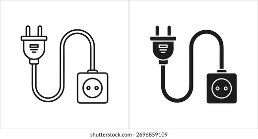 Two icons of an electrical plug and socket, one in outline and one in solid black