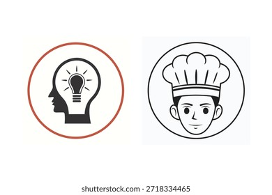 Dos iconos de una cabeza con una bombilla y un chef de negocios y conceptos culinarios