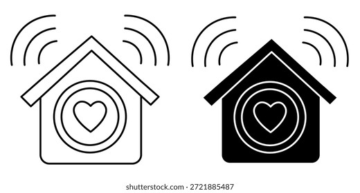 Two icons of a house with a heart inside and Wi-Fi signals emanating from the roof, one outlined and one solid black.