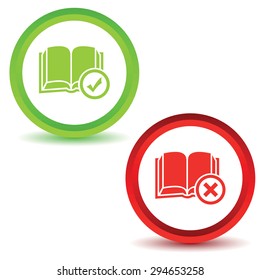 Two icons with image of book with tick mark or cross, isolated on white