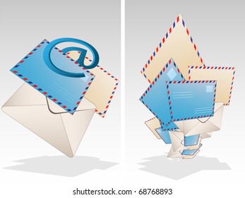 two icons with an image collection of postal envelopes of various shapes on gray background