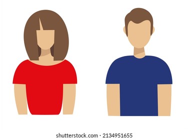 Two icons - a man and a woman. A girl in a red t-shirt, a guy in blue. Avatar in a minimalist style. Flat vector illustration isolated on transparent background. Target audience symbols.