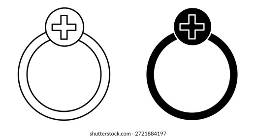 Two icons, one outlined and one filled black, depict a ring with a plus sign inside a circle at the top.