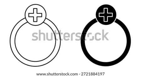 Two icons, one outlined and one filled black, depict a ring with a plus sign inside a circle at the top.