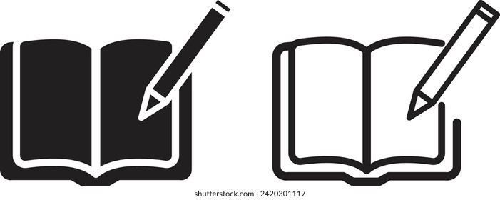 Two icons of an open book with a pencil, one completely black and the other just an outline.