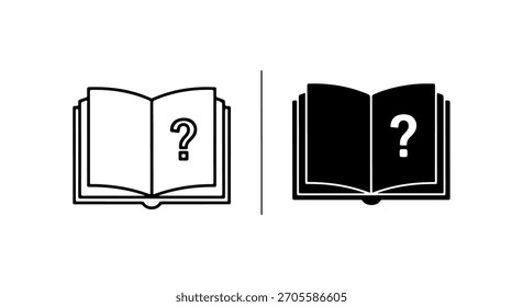 Zwei Symbole eines offenen Buches mit einem Fragezeichen auf den Seiten, eines in Umrissen und eines in Schwarz.