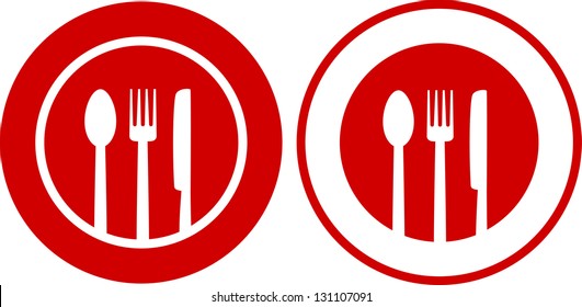 two icons with plate, fork, spoon, knife on red and white background