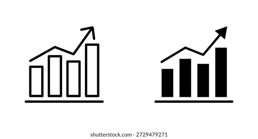 Se muestran dos iconos que representan un gráfico de barras con un gráfico de flecha de tendencia ascendente. El primer icono es un dibujo de línea con cuatro barras de altura creciente y un gráfico de línea superpuesto que también tiende hacia arriba, culminando en una flecha. El segundo icono es una versión rellenada del primero, con barras negras sólidas y un gráfico de línea negra sólida y una flecha que indican crecimiento y rendimiento positivo.