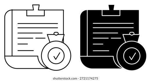 Two icons representing a clipboard with a document and a money bag with a check mark, one in outline and one in solid black.