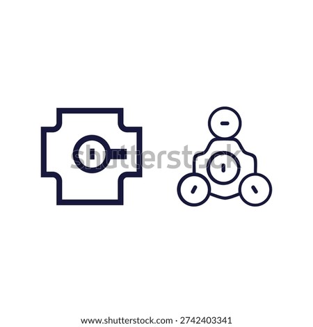Two icons representing data protection and network security with a magnifying glass and interconnected circles