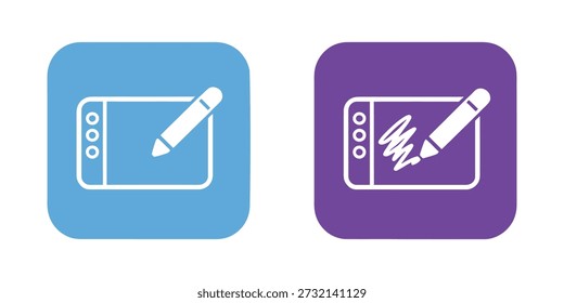 Two icons representing digital art creation. One shows a stylus on a tablet, the other shows a stylus drawing scribbles on a tablet.