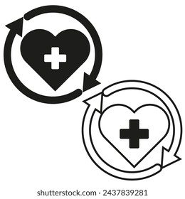 Two icons representing healthcare and recycling with heart and cross symbol enclosed by arrows. Vector illustration. EPS 10.