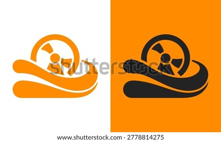 Two icons representing radioactivity or nuclear energy, featuring a radiation symbol within a swirling wave pattern