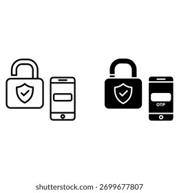 Two icons representing security and authentication a padlock with a shield and a smartphone displaying otp