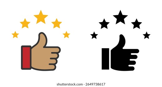 Two icons representing a thumbs-up gesture with stars above, one in color and the other in silhouette. Symbolizing approval, quality, and positive feedback.