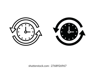 Two icons representing time and its cyclical nature. One is an outline, the other is filled, perfect for concepts of scheduling, deadlines, or continuous processes in business or technology.