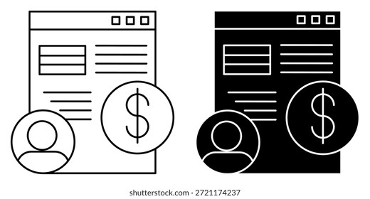 Dois ícones que representam uma conta de usuário, uma moeda de dólar e uma página da Web nas versões em contorno e preto sólido.