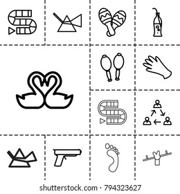 Two icons. set of 13 editable outline two icons such as gloves, intersection, dice game, swan heart, communication, maracas, soda bottle, maraca, gun, foot print