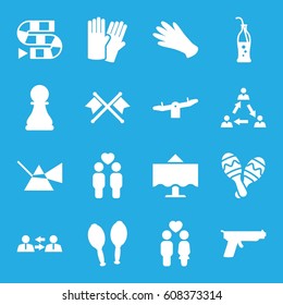 Two icons set. set of 16 two filled icons such as swing, glove, gloves, couple, gay couple, maracas, soda bottle, maraca, restaurant table, chess pawn, gun, communication