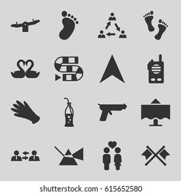 Two icons set. set of 16 two filled icons such as foot print, swing, gloves, navigation arrow, couple, swan heart, soda bottle, restaurant table, foot, walkie talkie, gun