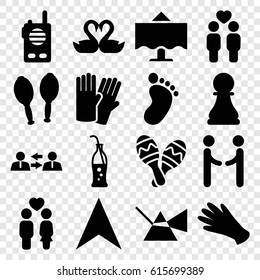 Two icons set. set of 16 two filled icons such as foot print, glove, gloves, navigation arrow, couple, gay couple, swan heart, maracas, soda bottle, maraca, restaurant table