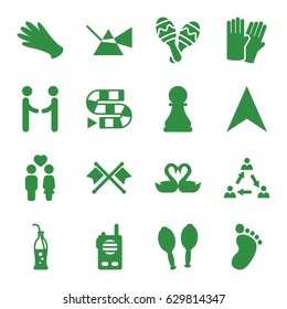 Two icons set. set of 16 two filled icons such as foot print, glove, gloves, navigation arrow, couple, swan heart, maracas, soda bottle, maraca, chess pawn, walkie talkie