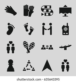 Two icons set. set of 16 two filled icons such as foot print, swing, glove, gloves, navigation arrow, couple, gay couple, maraca, restaurant table, chess pawn, foot