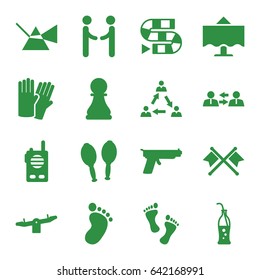 Two icons set. set of 16 two filled icons such as foot print, swing, glove, maracas, soda bottle, restaurant table, chess pawn, foot, walkie talkie, gun, communication