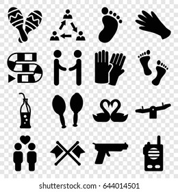 Two icons set. set of 16 two filled icons such as foot print, swing, glove, gloves, gay couple, swan heart, maracas, soda bottle, maraca, foot, walkie talkie, gun