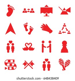 Two icons set. set of 16 two filled icons such as foot print, gloves, navigation arrow, couple, gay couple, swan heart, maraca, restaurant table, chess pawn, foot