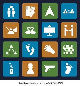 Two icons set. set of 16 two filled icons such as foot print, glove, gloves, navigation arrow, gay couple, swan heart, soda bottle, restaurant table, chess pawn, foot, gun