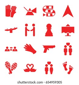 Two icons set. set of 16 two filled icons such as swing, glove, gloves, navigation arrow, couple, gay couple, swan heart, maraca, restaurant table, chess pawn, foot, gun