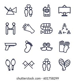 two icons set. Set of 16 two outline icons such as foot print, glove, gloves, couple, gay couple, swan heart, maracas, maraca, restaurant table, walkie talkie, gun