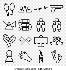 Two icons set. set of 16 two outline icons such as swing, gloves, couple, gay couple, swan heart, maracas, soda bottle, maraca, restaurant table, foot, gun, chess pawn