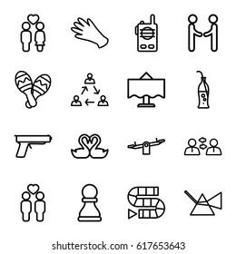 Two icons set. set of 16 two outline icons such as swing, gloves, couple, gay couple, swan heart, soda bottle, maraca, restaurant table, walkie talkie, gun, chess pawn