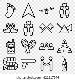 Two icons set. set of 16 two outline icons such as foot print, swing, navigation arrow, couple, gay couple, swan heart, soda bottle, maraca, walkie talkie, gun, intersection