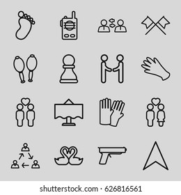 Two icons set. set of 16 two outline icons such as foot print, glove, gloves, navigation arrow, couple, gay couple, swan heart, maracas, restaurant table, walkie talkie, gun