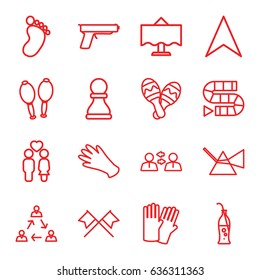 Two icons set. set of 16 two outline icons such as foot print, glove, gloves, navigation arrow, couple, maracas, soda bottle, maraca, restaurant table, gun, chess pawn