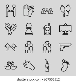 Two icons set. set of 16 two outline icons such as foot print, glove, gloves, couple, gay couple, swan heart, maracas, soda bottle, maraca, restaurant table, walkie talkie