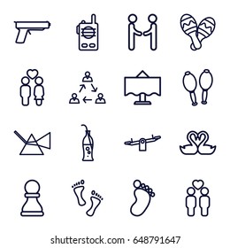 Two icons set. set of 16 two outline icons such as foot print, swing, couple, gay couple, swan heart, maracas, soda bottle, maraca, restaurant table, foot, walkie talkie, gun