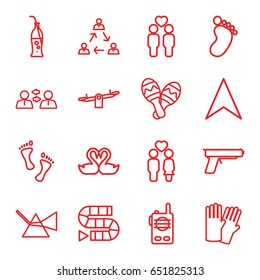 Two icons set. set of 16 two outline icons such as foot print, swing, glove, navigation arrow, couple, gay couple, swan heart, soda bottle, maraca, foot, walkie talkie, gun