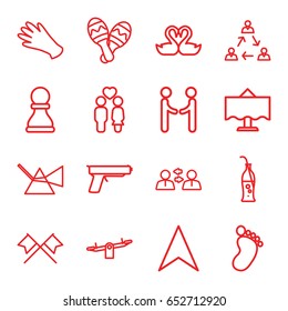 Two icons set. set of 16 two outline icons such as foot print, swing, gloves, navigation arrow, couple, swan heart, soda bottle, maraca, restaurant table, gun, chess pawn