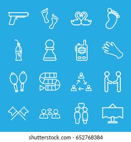 Two icons set. set of 16 two outline icons such as foot print, gloves, couple, swan heart, maracas, soda bottle, restaurant table, foot, walkie talkie, gun, chess pawn