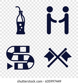 Two icons set. set of 4 two filled icons such as soda bottle, crossed flags, shaking hands