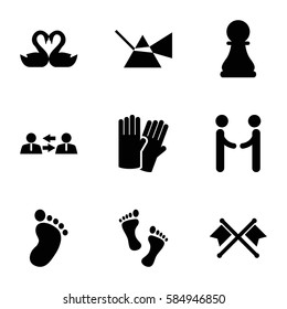 two icons set. Set of 9 two filled icons such as foot print, glove, swan heart, chess pawn, foot, communication, crossed flags, shaking hands